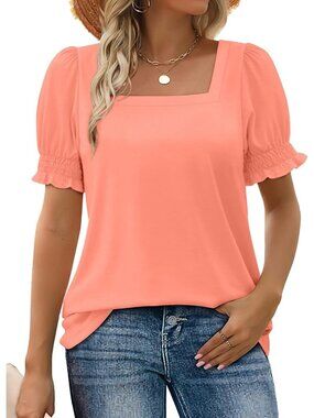 Women's 1 Coral Square Neck Top Summer Casual Outfit Ruffle Trim Sleeve T Shirt